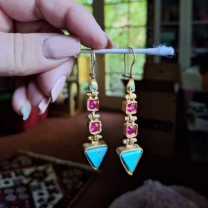 Dangle earrings gold tone ruby and turquoise stones